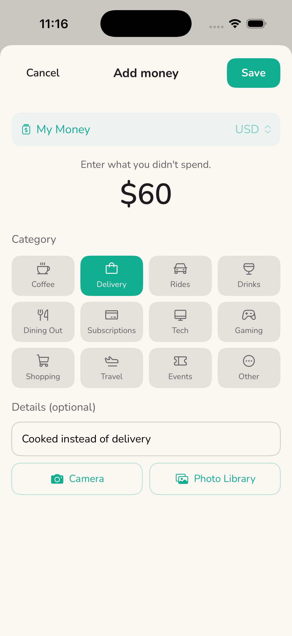 Add money screen showing $60 saved on delivery, with 12 category options