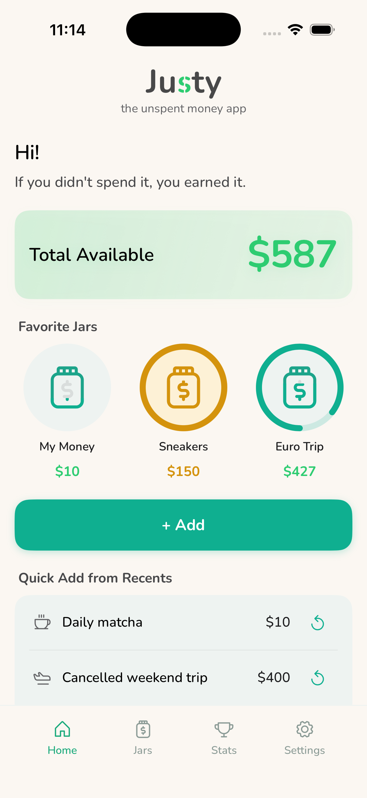 Justy app home screen showing total available balance and virtual jars