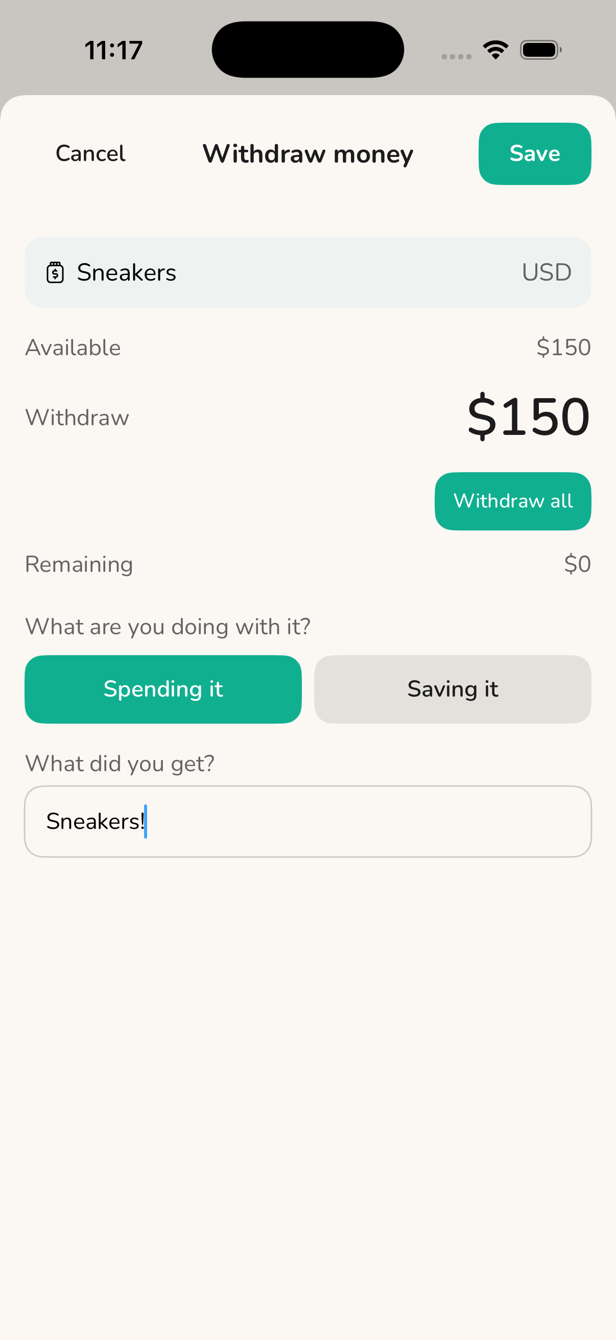 Withdraw screen with Spending it or Saving it choice and Sneakers purchase